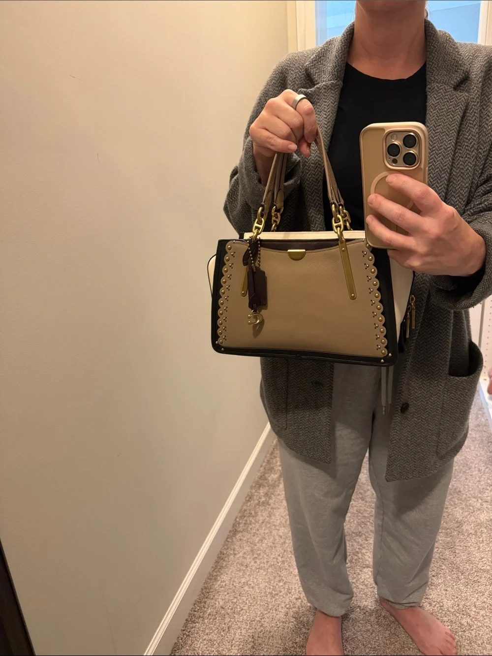 Coach Taupe and Black Leather Satchel with Gold Hardware
